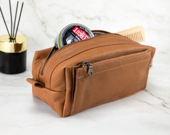 Brown mens travel case , leather travel bag accessory toiletry storage organizer shaving kit case gift for him - Skiron travel case
