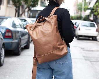 Milk coffee brown backpack in leather unisex, work simple backpack bag everyday bag backpack 15 MacBook 13 back bag gift -The Minos backpack