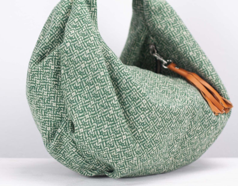 Hobo bag in green patterned wool and brown leather, slouch shoulder purse everyday bag boho style gift for her Mini Kallia bag image 4