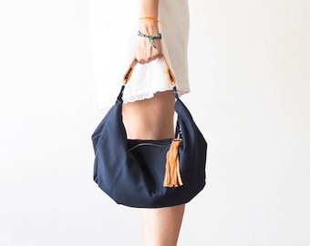 Blaue Canvas Tasche mit braunem Ledergriff, Hobo Geldbörse kleine Schultertasche kleine Geschenk für Frauen - Mini Kallia Tasche