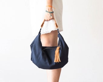 Blaue Canvas Tasche mit braunem Ledergriff, Hobo Geldbörse kleine Schultertasche kleine Geschenk für Frauen - Mini Kallia Tasche