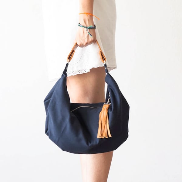 Blue canvas bag with brown leather handle, hobo purse everyday bag small shoulder slouchy purse hobo small gift for women - Mini Kallia bag