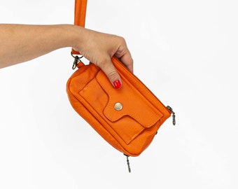 Portefeuille avec bracelet en cuir orange, portefeuille pour téléphone avec pochette à fermeture éclair, étui pour téléphone, portefeuille en cuir pour femme, cadeau pour une mère - Thalia Wallet