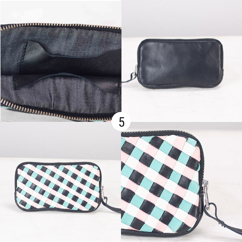 May include: A black leather clutch with a zipper closure. The clutch has a woven pattern with black, white, and light blue stripes. The clutch is shown open, revealing a black fabric interior with a zippered pocket.