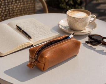 Brown Leather Pencil Case – Rectangular Accessory Pouch, Glasses Markers Zipper Bag - REC case