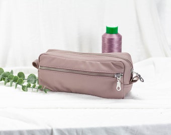 Beige pink leather pencils case, zipper cosmetic bag crochet hooks case rectangular makeup bag gift for coworker glasses - The Brick case