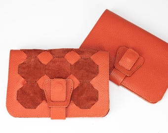 Orange Large leather wallet clutch, slim passport phone wallet, zip pouch included, womens travel organizer - Iole wallet