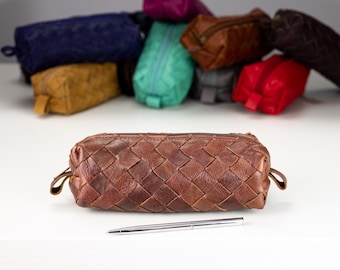 Handwoven Sheep Leather Pencil Case, Zipper Pouch, Accessory Bag - REC case