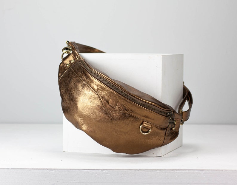 Fanny pack in Silver or Rose gold coated leather, metallic chest bag moon hip bag large waist belt bag mothers day gift Haris fanny pack Bronze