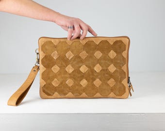 Brown distressed Woven Leather Laptop Case – Oversized Clutch with Wristlet, Tech Organizer Bag, Padded laptop Sleeve -Athena laptop case