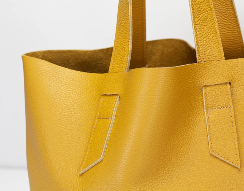 Yellow soft leather tote bag, raw edge leather purse shopper bag shoulder womens large market bag unlined leather tote Calisto bag image 4