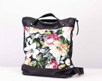 Floral backpack with black leather and canvas, womens backpack purse laptop 13 macbook daypack everyday gift for her - The Minos backpack