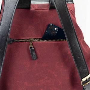 Backpack in burgundy waxed canvas and black leather, travel gift for her women pocket bag rucksack everyday back bag Artemis backpack image 7