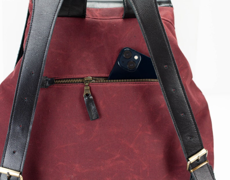 Backpack in burgundy waxed canvas and black leather, travel gift for her women pocket bag rucksack everyday back bag Artemis backpack image 7