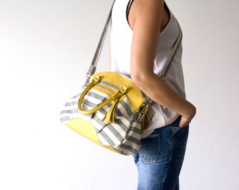 Handbag, crossbody, shoulder bag  in stripe cotton canvas and leather - Arethusa bag