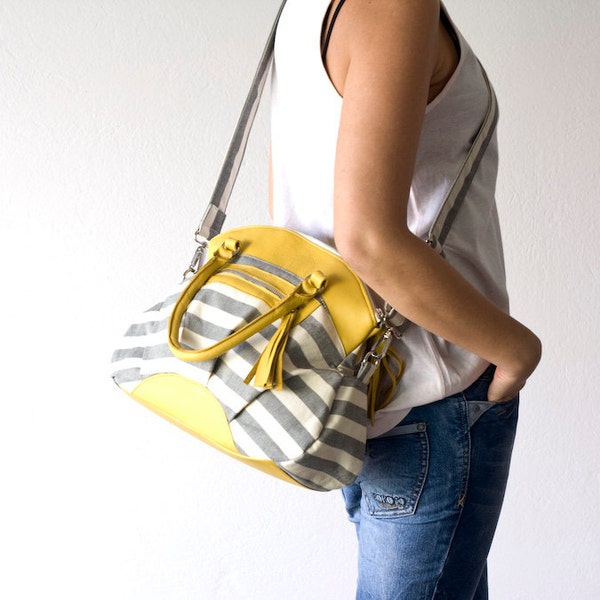 Handbag, crossbody, shoulder bag  in stripe cotton canvas and leather - Arethusa bag