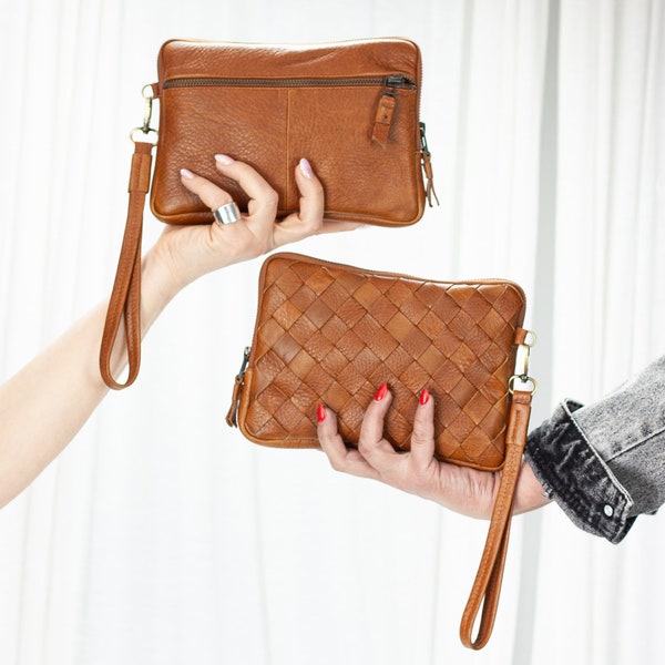 Leather wristlet large wallet in pebbled brown, hand woven Intrecciato clutch purse zipper handbag for women - The Antheia wallet