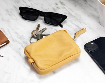 Zipper phone wallet in soft amber yellow leather, coin purse pouch phone case money bag zipper gift for her under 30 -The Myrto Zipper pouch