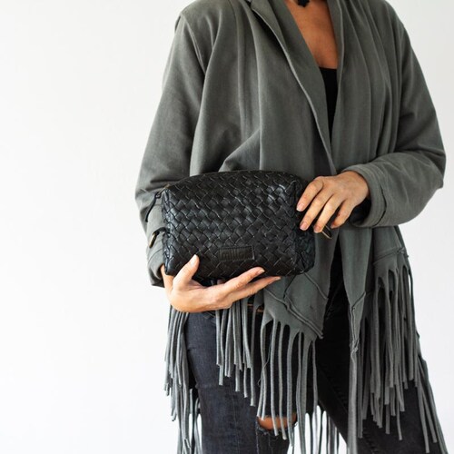 Black handwoven leather shoulder purse, handbag shoulder bag sling bag hand woven clutch leather braided bag - shops The Calliope purse