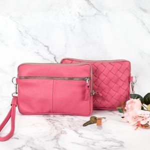 Cartera grande de piel en color rosa burbuja, bolso de mano tejido a mano con cremallera para mujer, regalo para ella - La cartera Antheia
