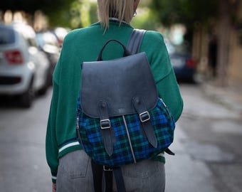 Wool and Blue Leather Backpack – Tartan Travel Rucksack for Women, Plaid Everyday Bag with Pockets, Laptop Backpack – Artemis Backpack