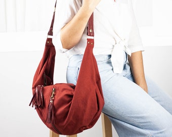 Crossbody hobo bag in rusty red canvas and leather strap, crossover purse slouchy hobo bag everyday bag overnight bag - Crossbody Kallia bag