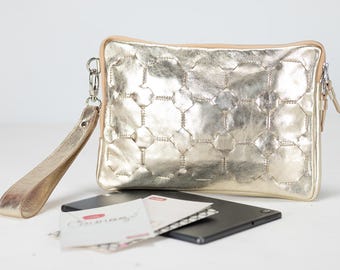 Woven Leather Tablet Clutch – Yellow Gold Handwoven Oversized Clutch with Detachable Wristlet,  Gift for Her - Athena Tablet Clutch