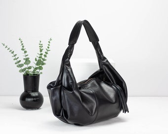 Black leather hobo bag, shoulder purse small shoulder bag hobo purse  black bag everyday purse gift for her zipper purse - Mini Kallia bag