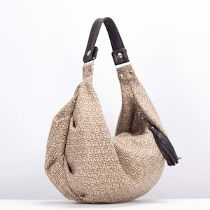 Hobo bag in beige patterned wool and brown leather, slouch shoulder purse everyday bag boho style gift for mum - Mini Kallia bag