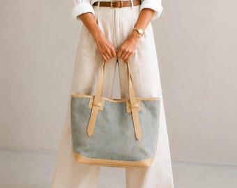 Denim Leather Tote Bag for Women, Large Zipper Work Bag,  Shoulder Bag, Laptop Tote, Everyday Purse - Calisto bag