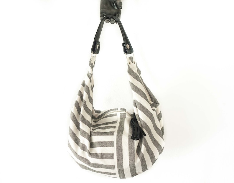 Hobo bag in stripe canvas and leather, boho style slouchy purse handbag cotton summer purse everyday purse gift for her Mini Kallia bag image 7