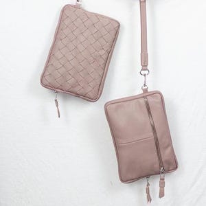 Leather wristlet large wallet in beige pink leather, hand woven clutch purse zipper handbag for women gift for her - The Antheia wallet
