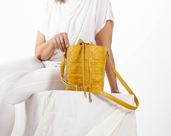 Yellow square bucket bag in pebbled leather, drawstring bag medium purse women bag crossbody bag purse crossover purse - Helon bucket bag