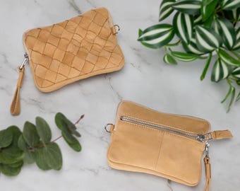 Light Brown Nappa Leather Wallet, Slim Zipper Coin Pouch with Card Slots – Mini Antheia