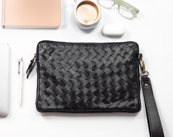 Woven Leather Tablet Clutch – Black Handwoven Oversized Clutch with Detachable Wristlet,  Gift for Her - Athena Tablet Clutch