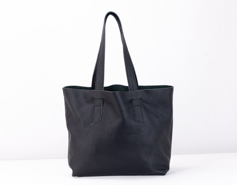 Black with soft pebbled leather tote bag, raw edge shopper everyday work bag purse unlined bag shoulder large market tote bag Calisto bag image 2