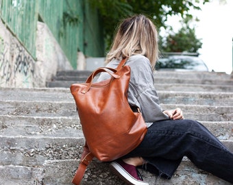 Brown backpack in leather unisex, simple backpack zipper bag everyday bag backpack 15 MacBook 13 back bag gift for him - The Minos backpack