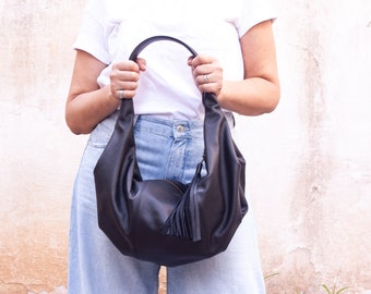 Black leather hobo bag, shoulder purse small shoulder bag hobo purse  black bag everyday purse  - Mini Kallia bag