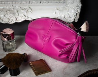 Deep Pink Leather Makeup Bag, Zipper Cosmetic Pouch for Toiletries - Ariadne makeup bag