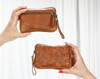 Brown pebbled leather small wallet, coin pouch zipper pocket passport hand woven slim wallet credit cards case gift- The mini Antheia wallet