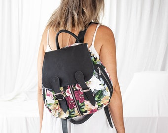 Backpack in floral canvas and black leather, travel backpack canvas rucksack knapsack everyday flower back bag women - Artemis backpack