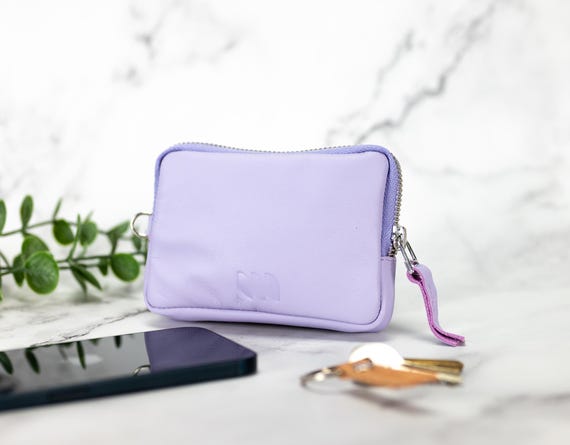 Lilac Leather Coin Purse: Minimalist Zipper Pouch Wallet