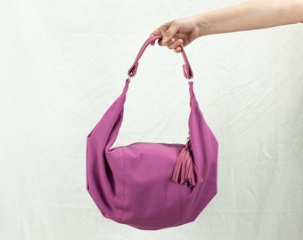 Hobo shoulder bag in antique fuchsia canvas and matching leather, hobo slouchy purse cotton purse - Mini Kallia bag