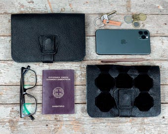 Black Large leather wallet clutch, slim passport phone wallet, zip pouch included, womens travel organizer - Iole wallet