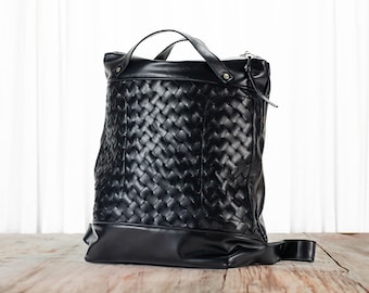 Black hand woven leather backpack, laptop backpack work simple Intrecciato leather bag with zipper, 15 laptop 13 gift - The Minos backpack