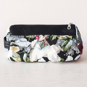 Makeup bag in floral canvas and black leather, accessory bag utility case travel pouch zipper cosmetic case pencils pen case - Estia Bag