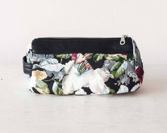 Makeup bag in floral canvas and black leather, accessory bag utility case travel pouch zipper cosmetic case pencils pen case - Estia Bag