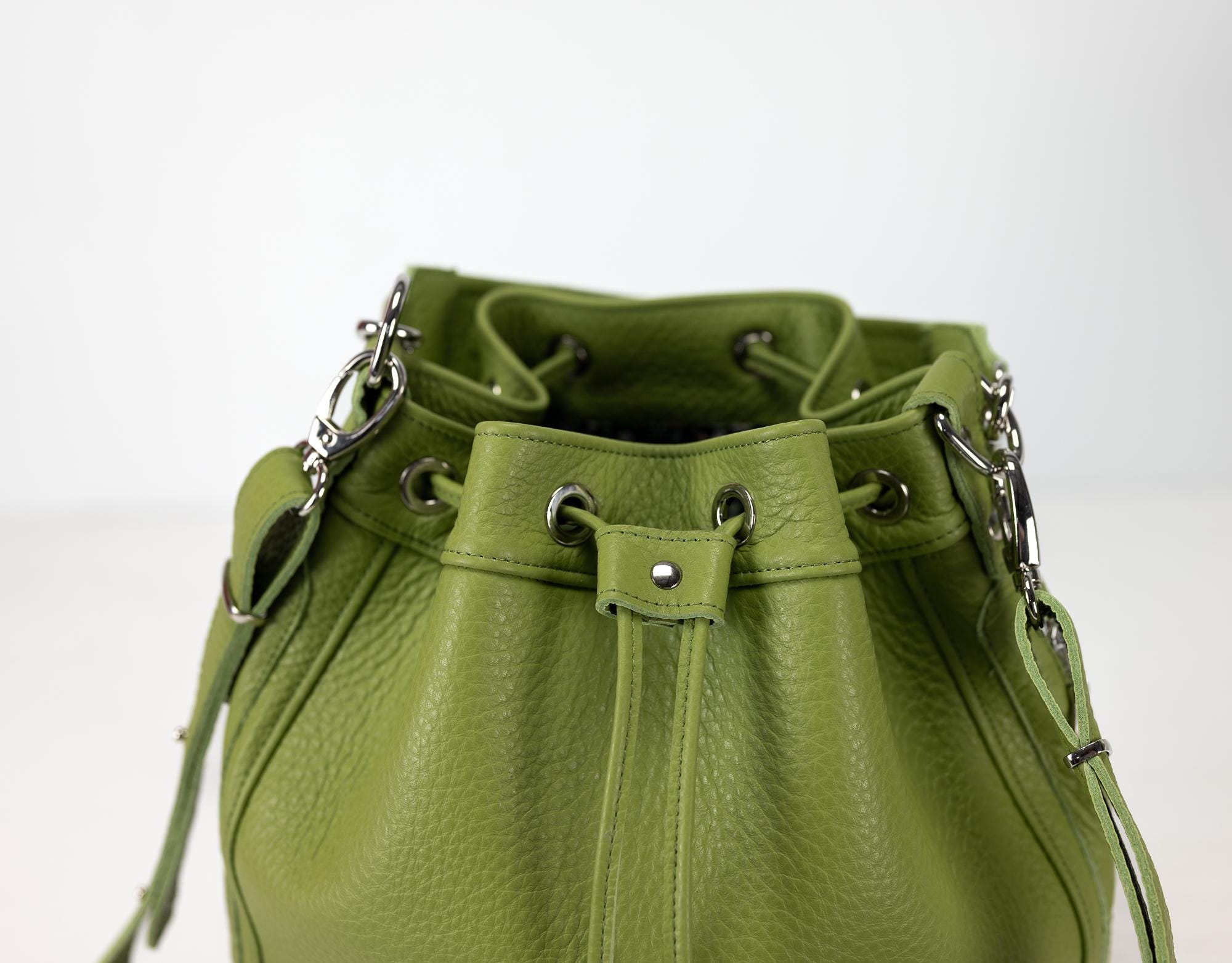 Lime Green Leather Bucket Bag: Drawstring Cinch Bag 