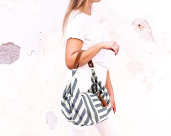 Blue Stripe Canvas Hobo Bag: Brown Leather Slouch Purse