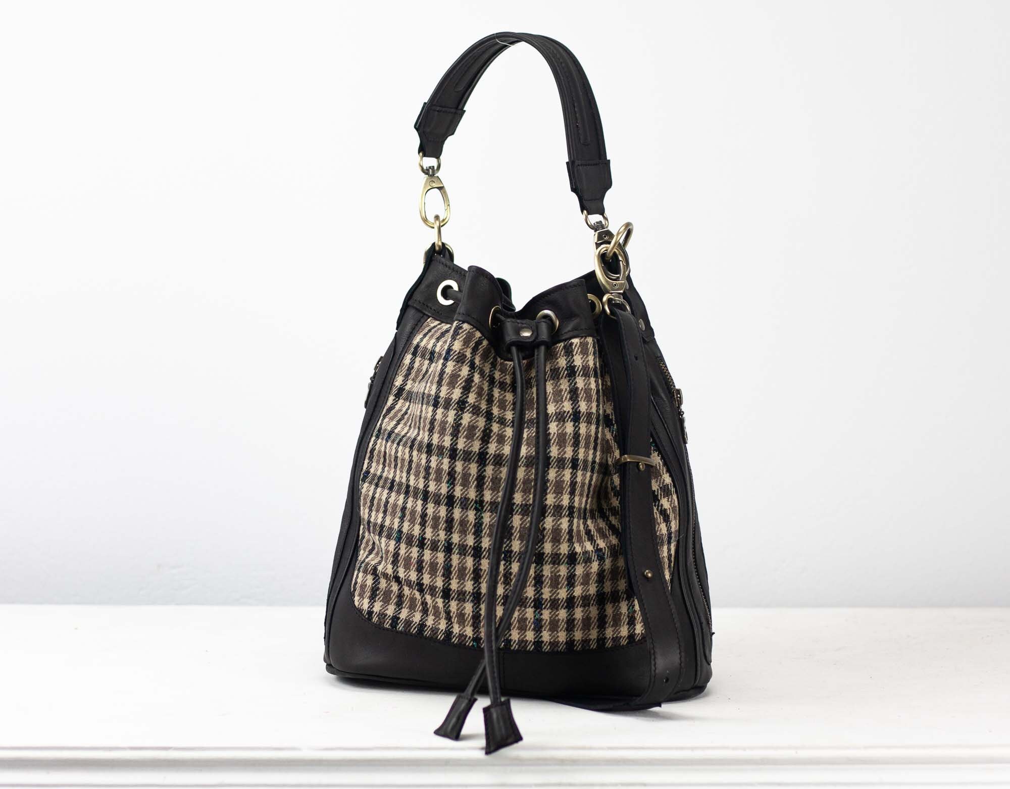 Black Drawstring Bucket Bag in Leather and Plaid Wool